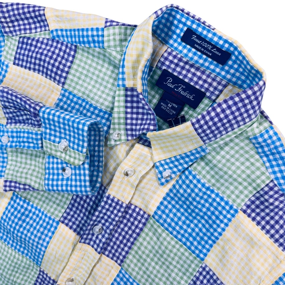 Paul Fredrick Trim Fit 100% Linen Patchwork Gingham Button Down Shirt Men's M